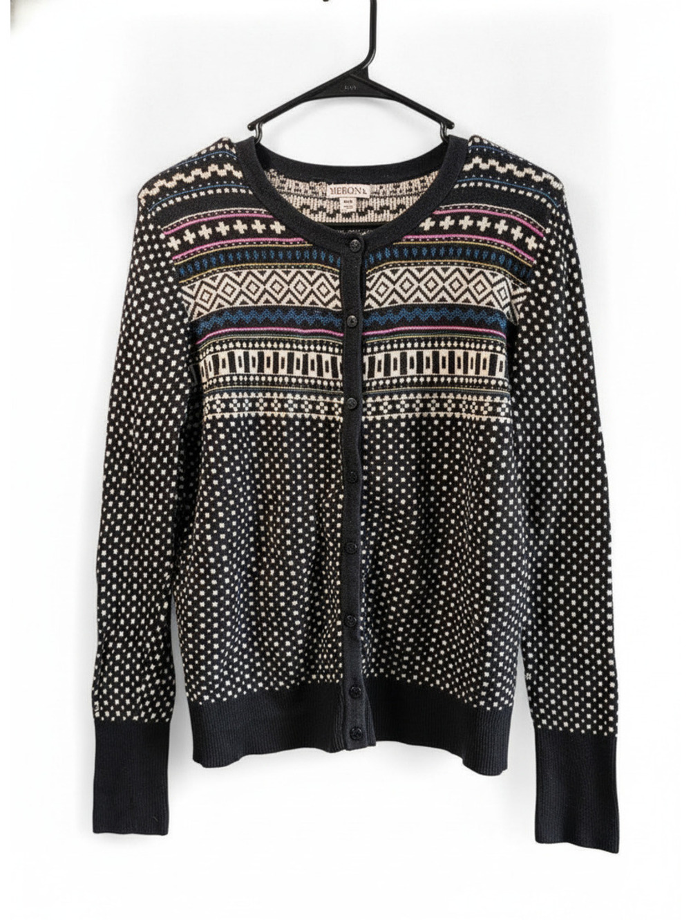 Cute Cardigan Medium Black Multi-Color Geometric Pattern Button-Up Cardigan